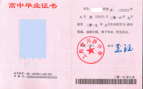 上海市川沙中学高中毕业证样本图