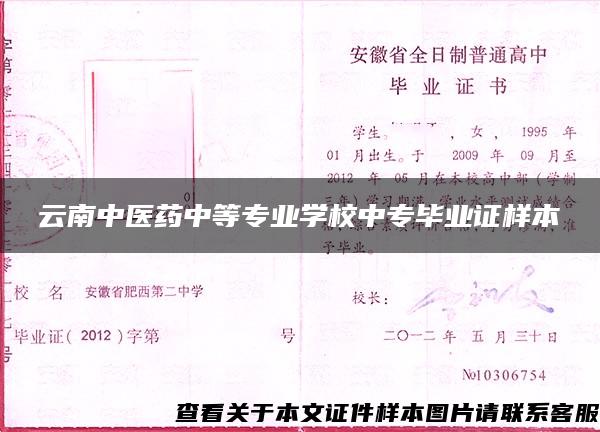 云南中医药中等专业学校中专毕业证样本