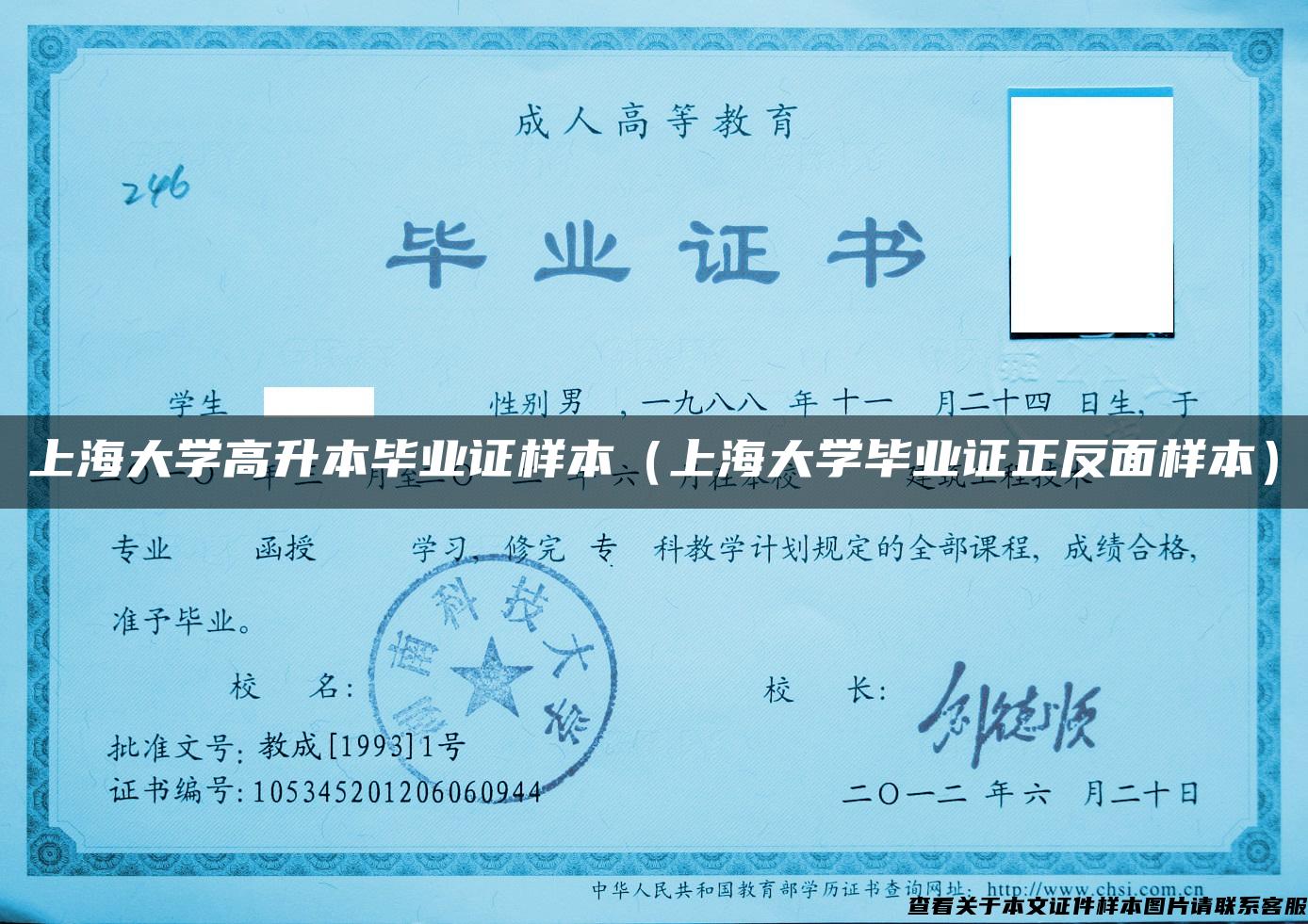 上海大学高升本毕业证样本（上海大学毕业证正反面样本）