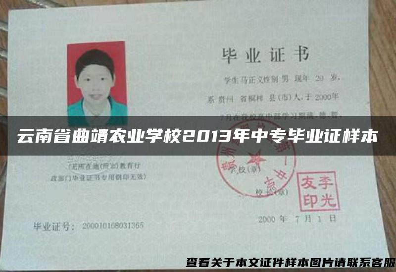 云南省曲靖农业学校2013年中专毕业证样本