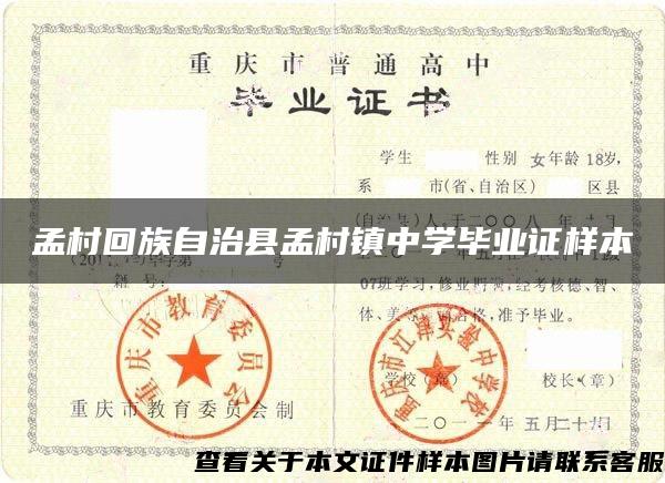 孟村回族自治县孟村镇中学毕业证样本