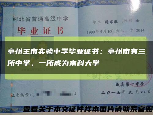 亳州王市实验中学毕业证书：亳州市有三所中学，一所成为本科大学缩略图