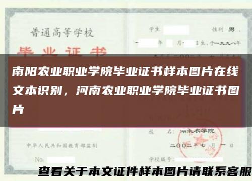 南阳农业职业学院毕业证书样本图片在线文本识别，河南农业职业学院毕业证书图片缩略图