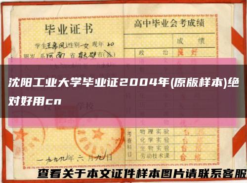 沈阳工业大学毕业证2004年(原版样本)绝对好用cn缩略图