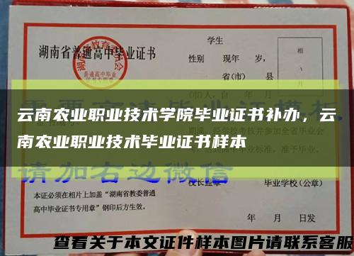 云南农业职业技术学院毕业证书补办，云南农业职业技术毕业证书样本缩略图