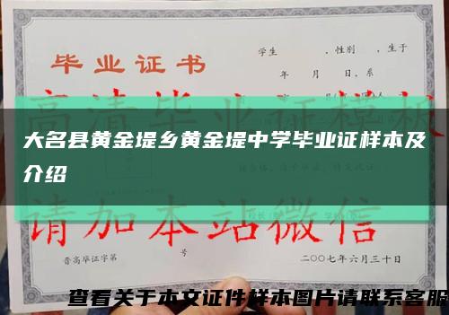 大名县黄金堤乡黄金堤中学毕业证样本及介绍缩略图