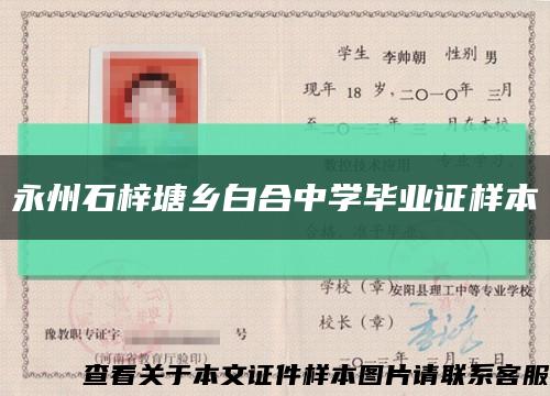 永州石梓塘乡白合中学毕业证样本缩略图